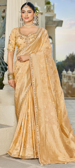 Gold color Readymade Saree in Viscose fabric with Bugle Beads work
