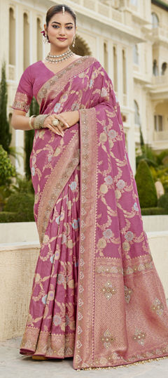 Pink and Majenta color Saree in Viscose fabric with Mirror, Weaving, Zircon work