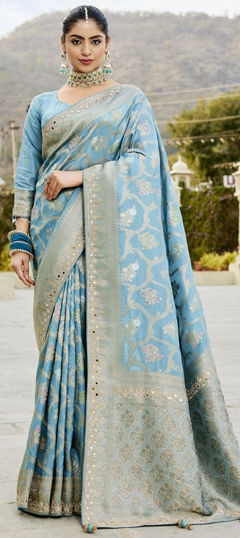 Blue color Saree in Viscose fabric with Mirror, Weaving, Zircon work