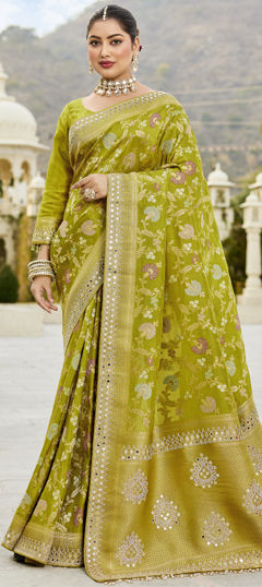 Green color Saree in Viscose fabric with Mirror, Weaving, Zircon work