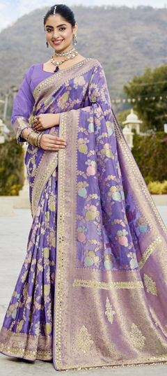 Purple and Violet color Saree in Viscose fabric with Mirror, Weaving, Zircon work