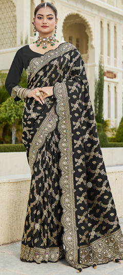 Black and Grey color Saree in Viscose fabric with Mirror, Weaving, Zircon work
