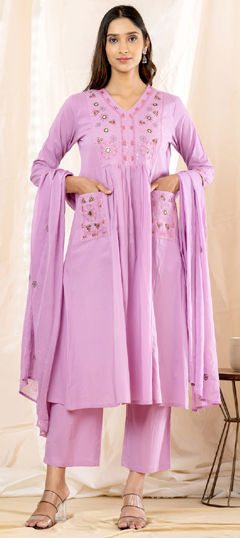 Purple and Violet color Salwar Kameez in Cotton fabric with Embroidered, Mirror work