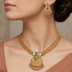 Gold Rodium Polish Gold color Necklace in Metal Alloy studded with CZ Diamond, Pearl