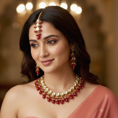 Gold Rodium Polish Red and Maroon color Necklace in Brass studded with Kundan