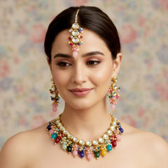 Gold Rodium Polish Multicolor color Necklace in Brass studded with Kundan