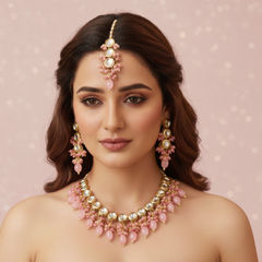 Gold Rodium Polish Pink and Majenta color Necklace in Brass studded with Kundan
