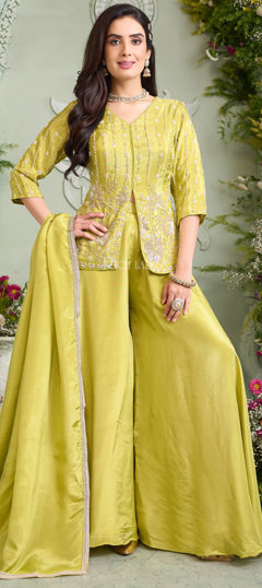 Yellow color Salwar Kameez in Georgette fabric with Cut Dana, Embroidered, Sequence work