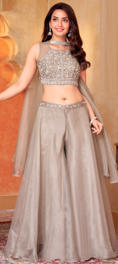Beige and Brown color Salwar Kameez in Georgette fabric with Bugle Beads, Moti, Sequence, Zardozi work