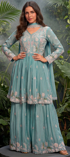 Blue color Salwar Kameez in Chinon Silk fabric with Embroidered, Sequence work