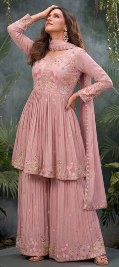 Pink and Majenta color Salwar Kameez in Chinon Silk fabric with Embroidered, Sequence work