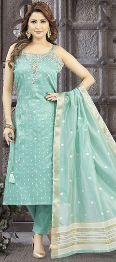 Green color Salwar Kameez in Silk fabric with Embroidered, Mirror, Stone work