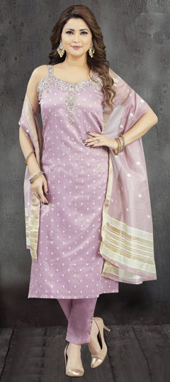 Purple and Violet color Salwar Kameez in Silk fabric with Embroidered, Mirror, Stone work