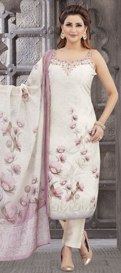 White and Off White color Salwar Kameez in Silk fabric with Cut Dana, Floral, Mirror, Printed work