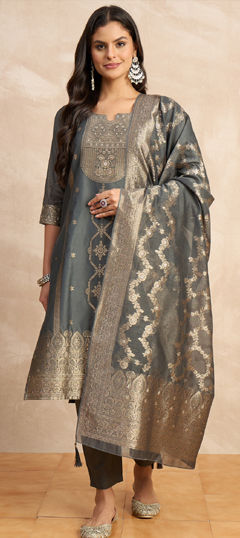 Black and Grey color Salwar Kameez in Blended fabric with Weaving, Zari work
