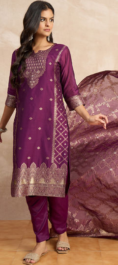 Purple and Violet color Salwar Kameez in Blended fabric with Weaving, Zari work