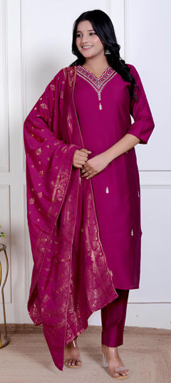 Pink and Majenta color Salwar Kameez in Silk fabric with Embroidered work