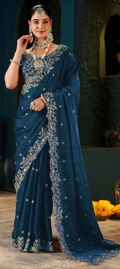 Blue color Readymade Saree in Satin fabric with Embroidered work