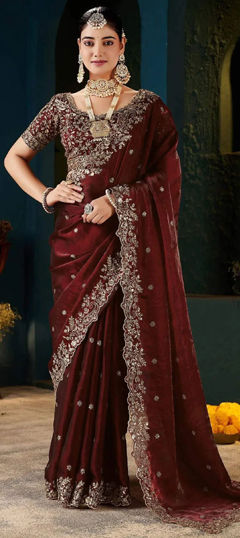 Red and Maroon color Readymade Saree in Satin fabric with Embroidered work