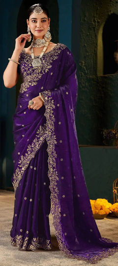 Purple and Violet color Readymade Saree in Satin fabric with Embroidered work