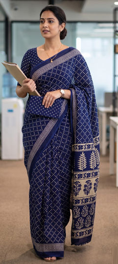Blue color Saree in Mul Cotton fabric with Bandhej, Block Print work