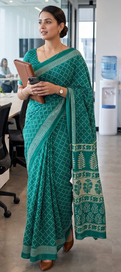 Blue color Saree in Mul Cotton fabric with Bandhej, Block Print work