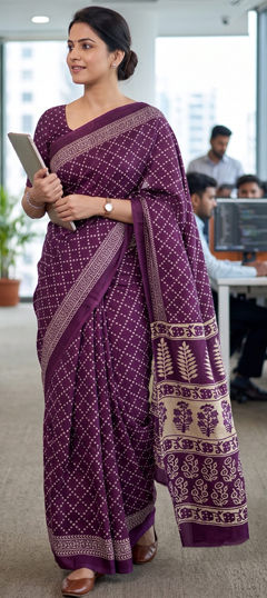 Purple and Violet color Saree in Mul Cotton fabric with Bandhej, Block Print work