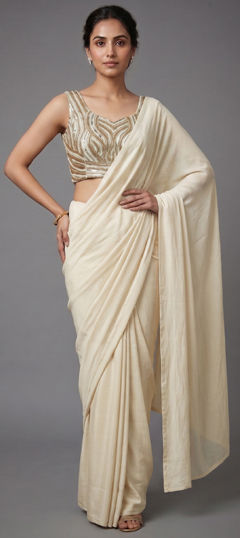 White and Off White color Saree in Georgette fabric with Bugle Beads, Sequence, Thread work