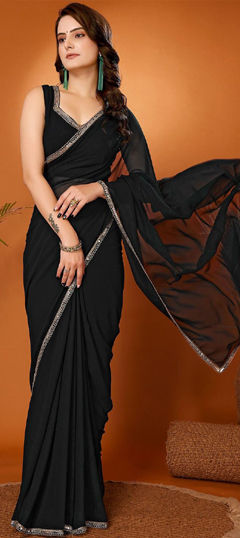 Black and Grey color Saree in Georgette fabric with Border, Mirror work