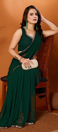 Green color Saree in Georgette fabric with Border, Mirror work