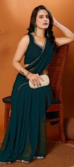 Green color Saree in Georgette fabric with Border, Mirror work