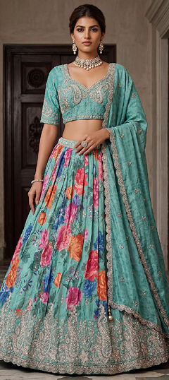 Blue color Lehenga in Tissue fabric with Embroidered, Floral, Printed work
