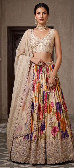 White and Off White color Lehenga in Tissue fabric with Embroidered, Floral, Printed work