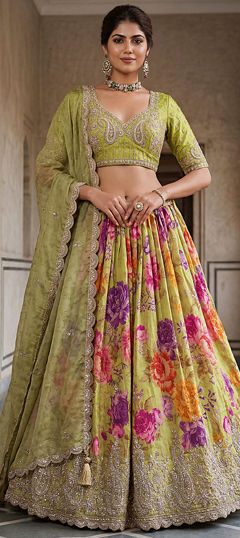 Green color Lehenga in Tissue fabric with Embroidered, Floral, Printed work