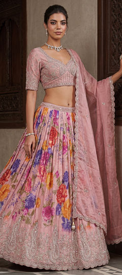 Pink and Majenta color Lehenga in Tissue fabric with Embroidered, Floral, Printed work