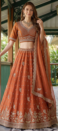 Orange color Lehenga in Organza Silk fabric with Embroidered work