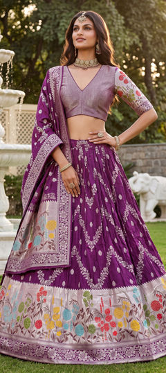 Purple and Violet color Lehenga in Tussar Silk fabric with Weaving work