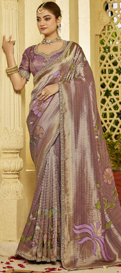 Beige and Brown color Readymade Saree in Tissue fabric with Bugle Beads, Lace, Weaving work