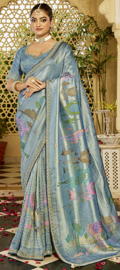 Blue color Readymade Saree in Tissue fabric with Bugle Beads, Lace, Weaving work
