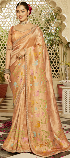 Orange color Readymade Saree in Tissue fabric with Bugle Beads, Lace, Weaving work