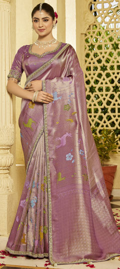 Pink and Majenta color Readymade Saree in Tissue fabric with Bugle Beads, Lace, Weaving work