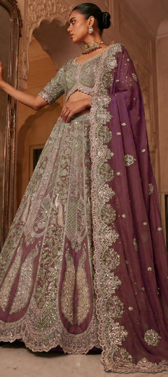 Pink and Majenta color Lehenga in Tissue fabric with Bugle Beads, Embroidered, Mirror work