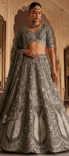 Green color Lehenga in Tissue fabric with Bugle Beads, Embroidered, Mirror work