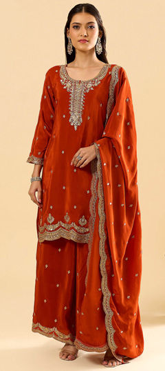Orange color Salwar Kameez in Silk fabric with Embroidered work
