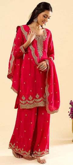 Pink and Majenta color Salwar Kameez in Silk fabric with Embroidered work