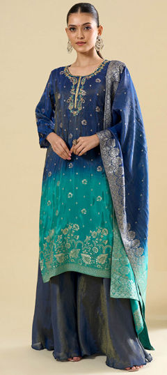 Blue color Salwar Kameez in Viscose fabric with Sequence, Thread, Weaving work