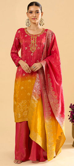 Pink and Majenta color Salwar Kameez in Viscose fabric with Sequence, Thread, Weaving work