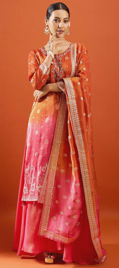 Beige and Brown color Salwar Kameez in Viscose fabric with Sequence, Thread, Weaving work