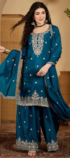 Blue color Salwar Kameez in Chinon Silk fabric with Embroidered work