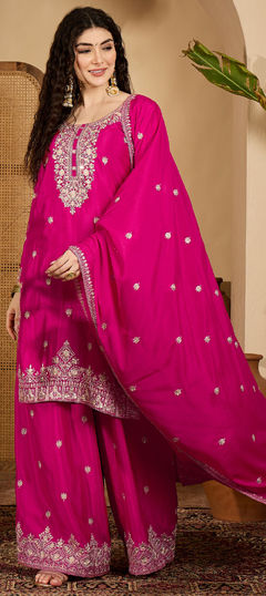Pink and Majenta color Salwar Kameez in Chinon Silk fabric with Embroidered work